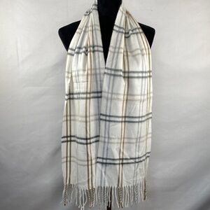 NWOT Cejon White Plaid Classic Fringe Scarf 70”X 10.5” Made in Italy